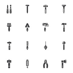 Construction tool vector icons set, modern solid symbol collection, filled style pictogram pack. Signs, logo illustration. Set includes icons as screwdriver, screw, hummer, spanner, paint brush, knife
