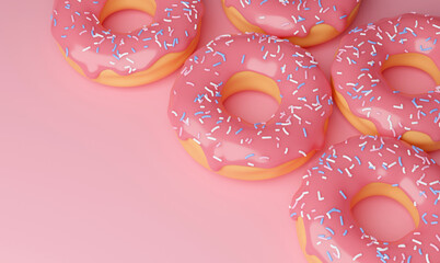 3d cartoon sweet donuts covered with pink icing with sugar sprinkles on a pink background with place for text. Several voluminous delicious donuts on the surface. 3d illustration