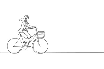 One single line drawing young happy startup employee woman ride bicycle to the coworking space graphic vector illustration. Healthy urban commuter lifestyle concept. Modern continuous line draw design