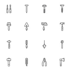 Construction tool line icons set, outline vector symbol collection, linear style pictogram pack. Signs, logo illustration. Set includes icons as screwdriver, screw, hammer, spanner, paint brush, knife