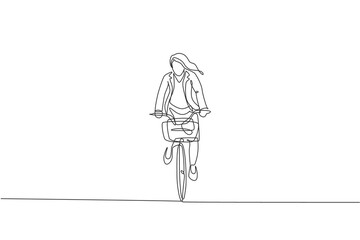 Single continuous line drawing of young professional businesswoman riding bicycle to her company. Bike to work, eco friendly transportation concept. Trendy one line draw design vector illustration