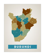 Burundi map. Country poster with regions. Old grunge texture. Shape of Burundi with country name. Radiant vector illustration.