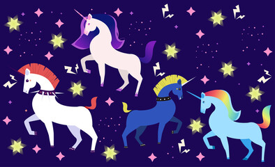 Set of unicorns horses on dark background with stars. Idea for t-shirt. Editable vector illustration