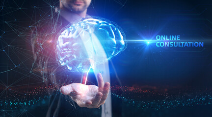 Concept Futuristic medicine, the human body, and the future,brain. Online consultation.