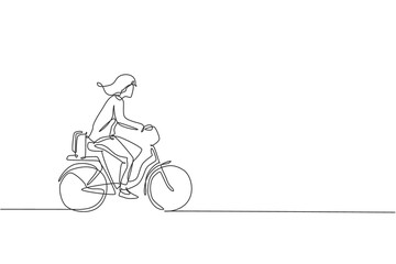 Obraz na płótnie Canvas Single continuous line drawing of young professional businesswoman riding bicycle to her company. Bike to work, eco friendly transportation concept. Trendy one line draw design vector illustration