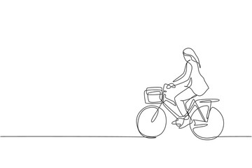 Fototapeta na wymiar Single continuous line drawing of young professional businesswoman riding bicycle to her company. Bike to work, eco friendly transportation concept. Trendy one line draw design vector illustration