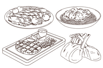 Doodle of meat main dish collection, grilled chicken breast, meatball pasta, grilled steak, lamb rack