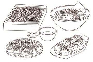 Doodle of Japanese food collection, cold udon, ramen, okonomiyaki, takoyaki