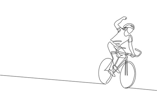 Single continuous line drawing of young agile man cyclist happy to reach finish line. Sport lifestyle concept. Trendy one line draw design graphic vector illustration for cycling race promotion media