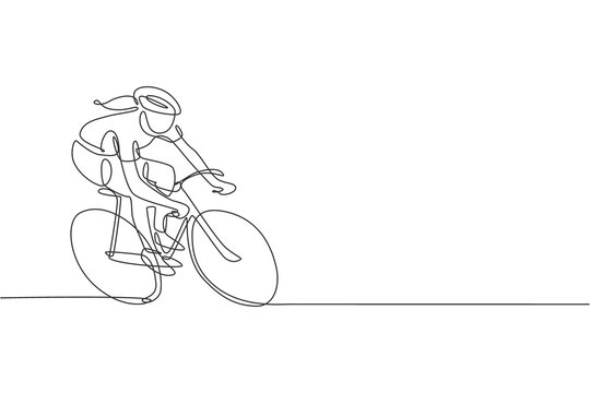 One Continuous Line Drawing Young Sporty Woman Bicycle Racer Pedaling Her Bike So Fast. Road Cyclist Concept. Dynamic Single Line Draw Design Vector Illustration Graphic For Cycling Competition Poster