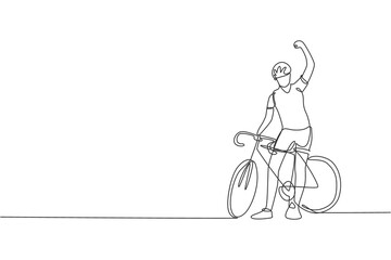 One single line drawing of young energetic man bicycle racer raise hand after finish race. Racing cyclist concept vector illustration. Modern continuous line draw design for cycling tournament banner