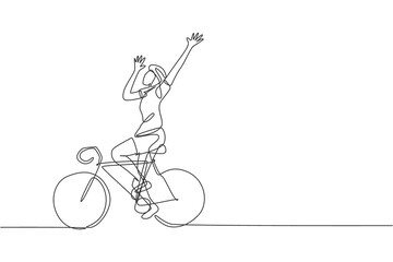 Fototapeta premium Single continuous line drawing young agile man cyclist raise his hands up to celebrate a win. Sport lifestyle concept. One line draw design graphic vector illustration for cycling race promotion media