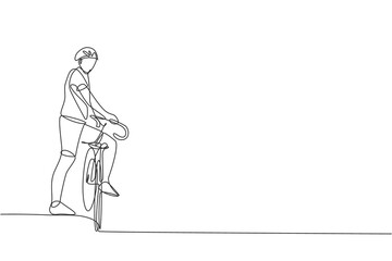 Fototapeta na wymiar Single continuous line drawing of young agile man cyclist waiting for a friend at road side. Sport lifestyle concept. Trendy one line draw design vector illustration for cycling race promotion media
