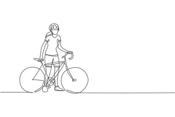 One continuous line drawing of young sporty woman bicycle racer wait for her friend at road side. Road cyclist concept. Dynamic single line draw design vector illustration for cycling sport poster