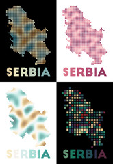 Serbia map. Collection of maps of Serbia in dotted style. Borders of the country filled with rectangles for your design. Vector illustration.