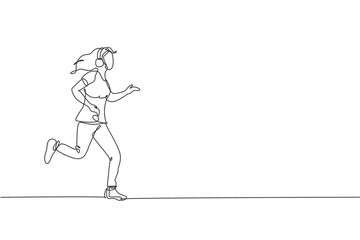 One single line drawing young happy runner woman run relax while listening music with headphone vector illustration graphic. Healthy lifestyle and fun sport concept. Modern continuous line draw design