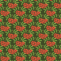 Mountain ash. Seamless pattern. Vector berries. Organic healthy food. Fashion print. Design elements for textile or clothes. Hand drawn doodle repeating background
