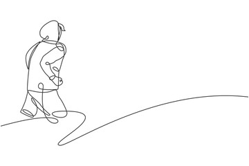 One continuous line drawing of young sporty runner man relax running at countryside. Healthy lifestyle and fun jogging sport concept. Dynamic single line draw design graphic vector illustration