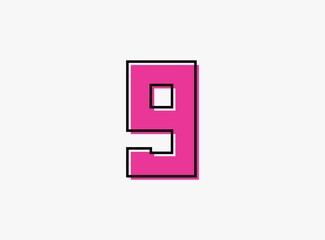 9 font number made of black frame outline shadow of font pink color. Vector illustration for logo, design element, poster etc.