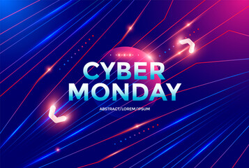 Cyber Monday sale poster design with dynamic gradients lines and shapes on blue background. Vector gradient trendy illustration