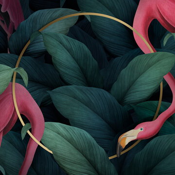 Tropical flamingo on a round golden frame