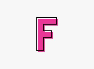 F font letter made of black frame outline shadow of font pink color. Vector illustration for logo, design element, poster etc.