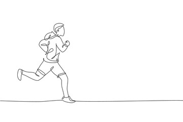 One single line drawing of young happy runner man wearing hoodie exercise to improve stamina vector illustration. Healthy lifestyle and competitive sport concept. Modern continuous line draw design