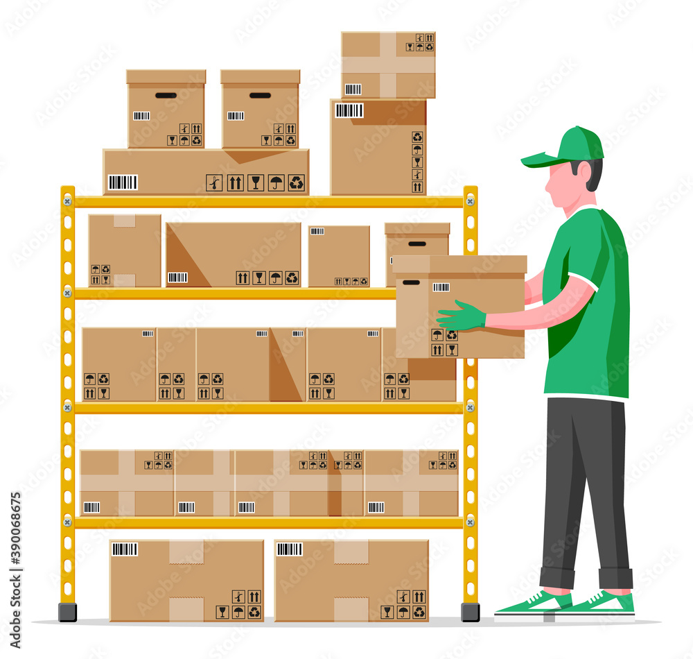 Poster warehouse shelves with goods, mover and container package boxes. pile cardboard boxes set. carton de