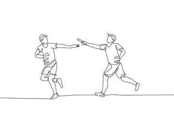 One single line drawing young happy runner man pass baton stick to his teammate at race vector graphic illustration. Healthy lifestyle and competitive sport concept. Modern continuous line draw design