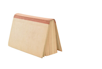 A slightly open book, placed vertically with the spine up