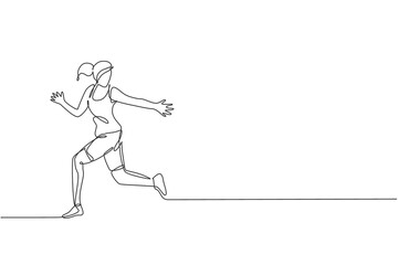 One single line drawing of young happy runner woman exercise to receive baton stick graphic vector illustration. Healthy lifestyle and competitive sport concept. Modern continuous line draw design
