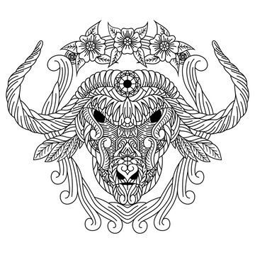 Hand drawn of buffalo head in zentangle style