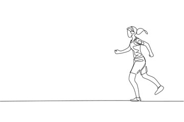 One continuous line drawing of young sporty woman runner run relax while listening music. Health activity sport concept. Dynamic single line draw design vector illustration for running event poster
