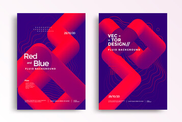 Pipelines abstract poster design template in duotone gradients. Cover design with red and blue fluid color shapes composition.  - obrazy, fototapety, plakaty