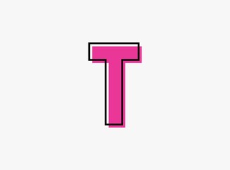T font letter made of black frame outline shadow of font pink color. Vector illustration for logo, design element, poster etc.
