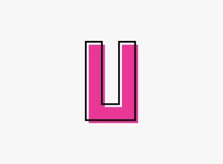 U font letter made of black frame outline shadow of font pink color. Vector illustration for logo, design element, poster etc.