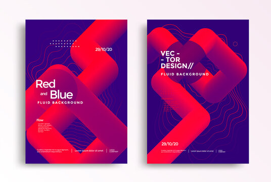 Pipelines abstract poster design template in duotone gradients. Cover design with red and blue fluid color shapes composition. 