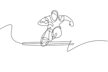 One continuous line drawing of young sporty man runner jumping obstacle while run. Health activity sport concept. Dynamic single line draw design vector illustration for running event promotion poster