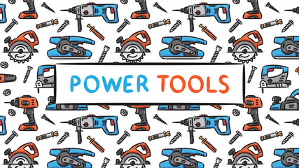 Power tools vector illustration. Electric work tools for construction on white background banner. Power tools for construction and repair graphic design.