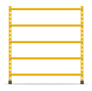 Metal yellow standing rack. Empty metallic storage shelves isolated on white. Warehouse equipment and tools. Logistic and delivery, store interior parts. Cartoon flat vector illustration