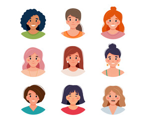 Women avatar set. Diversity group of cute young women. illustration in flat style
