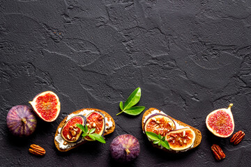 Figs with cream cheese and honey sandwich. Top view