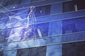 Double exposure of start up theme drawings over cityscape background. Concept of success.