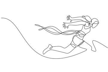 One continuous line drawing young sporty woman runner crosses finish line. Health activity sport concept. Dynamic single line draw design graphic vector illustration for running event promotion poster