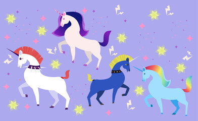 Set of unicorns horses on purple background with stars. Idea for t-shirt. Editable vector illustration