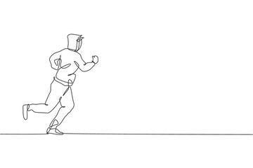 Single continuous line drawing of young agile man runner run relax in city street. Healthy lifestyle concept. Trendy one line draw design vector illustration graphic for running race promotion