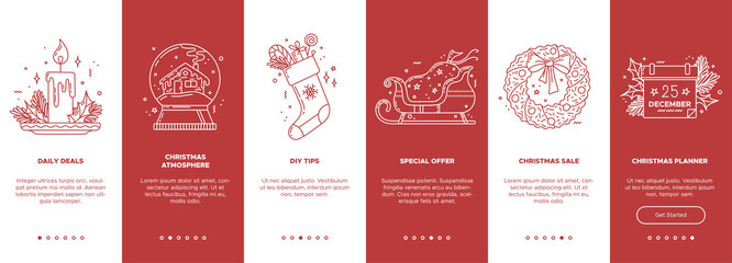 Vector Christmas onboarding screen templates. New Year mobile app linear concept. UX, UI, GUI template with outline icons. Editable stroke. Special offers, Christmas sale, planner, daily deals