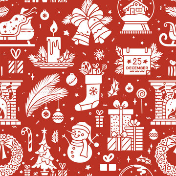 Christmas Chalk Silhouettes On Red Background Seamless Pattern. Duotone Vector Texture. Christmas Tree And Gifts, Fireplace,  Snowman And Wreath, Snow Globe, Santa Sleigh. Wrapping Paper Design