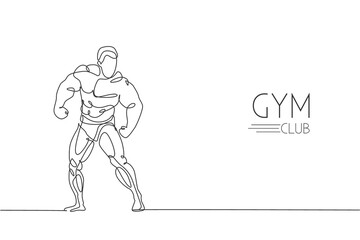 One continuous line drawing of young strong model man bodybuilder. Fitness center gym logo concept. Dynamic single line draw design vector graphic illustration for bodybuilding competition contest