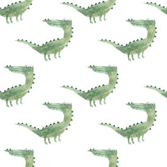 Seamless pattern with watercolor funny crocodiles. Childrens illustration, cute background.